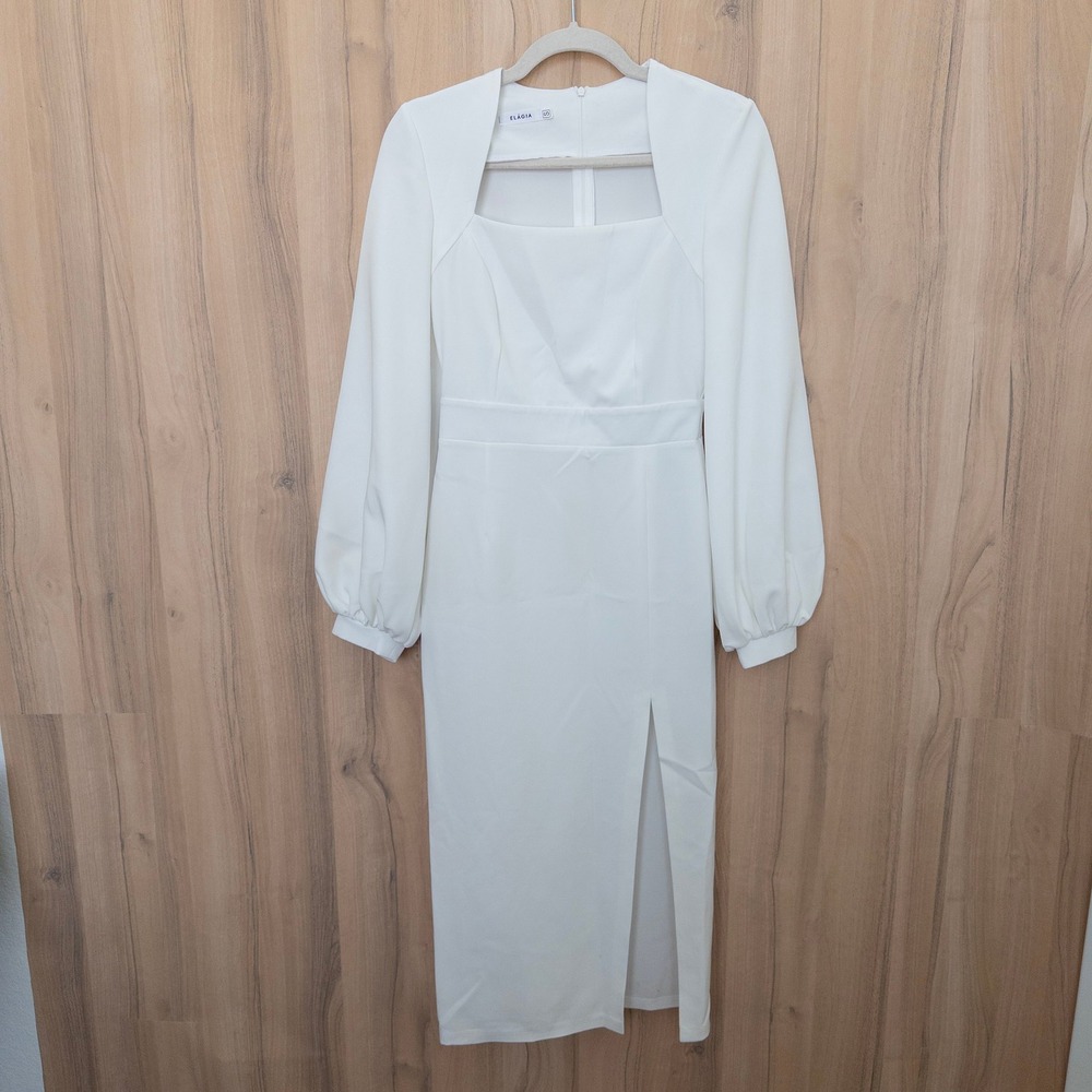 Elagia Long Sleeve Midi Dress S White Puff Sleeve Square Neck Minimalist Bridal